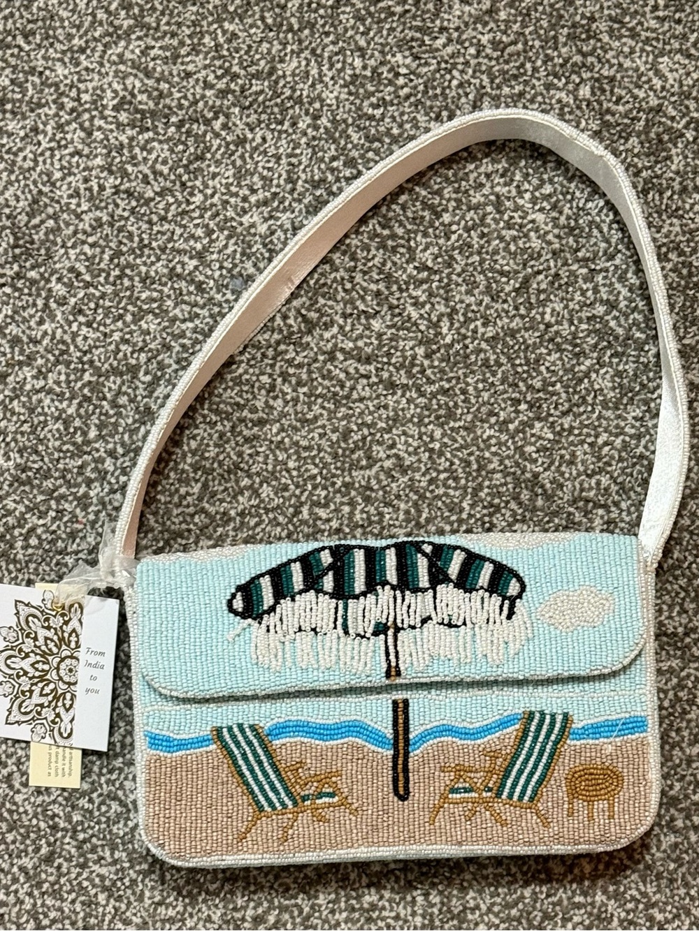 Beaded Beach Scene Shoulder Bag - Light Blue - NWT